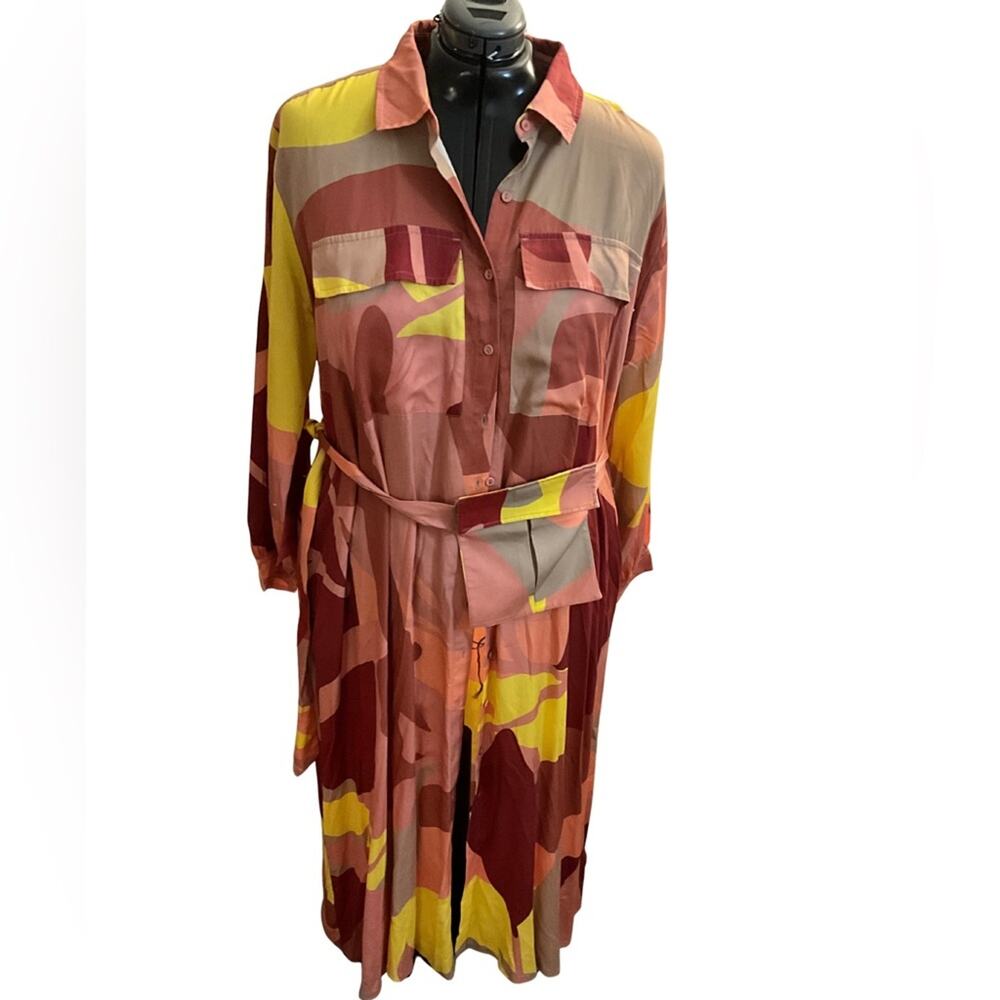 Tencel 70s Resort Maxi Shirt Dress Boho Abstract Wearable Art Belted 3X NWT - Picture 3 of 10